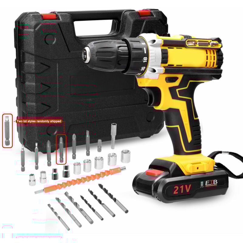 Ej.Life 21V Akku-Bohrschrauber, Akkuschrauber mit 1,2 Ah Akku, 2 Geschwindigkeiten, LED, 23 Zubehörteile für Heimwerker