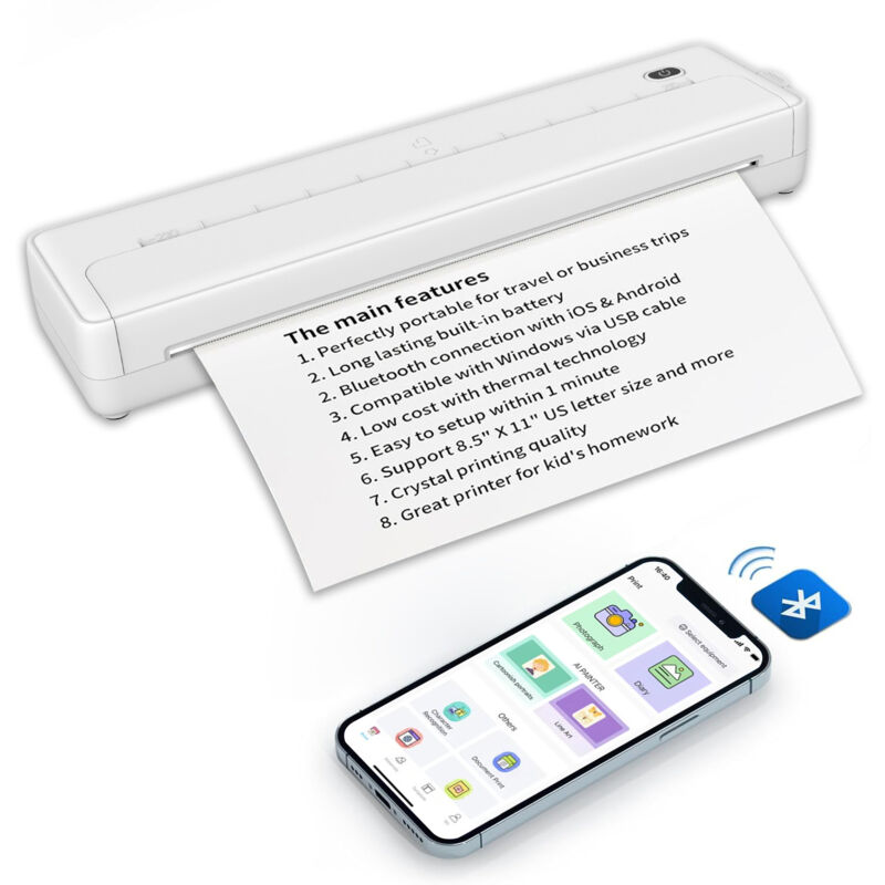 Ej.Life A4-Thermodrucker, 200 Dpi Tragbarer Mini-Thermodrucker ohne Tinte für das Schulbüro