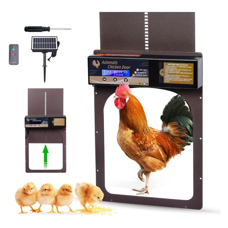 Gloglow Automatische Hühnerstalltür, Solarbetriebener Automatischer Hühnerstall-Türöffner mit Timer-Lichtsensor-Fernbedienung für Hühnerstall (Brown)
