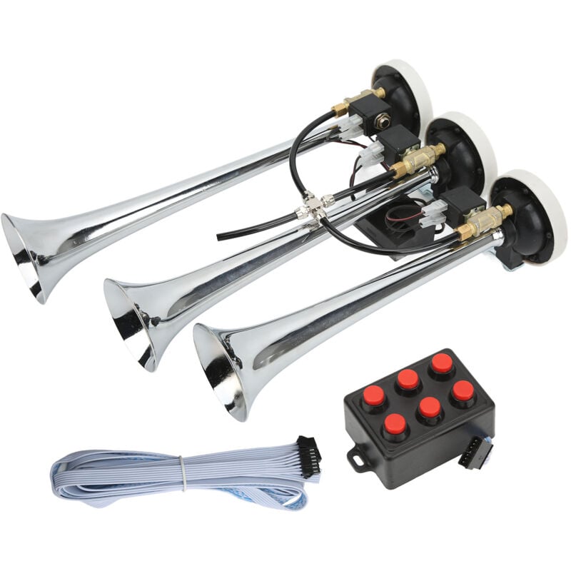Lufthorn, dc 12V/24V Drei Luft Horn Hupe 145dB Drucklufthorn Auto Horn Komplett 6 Melodien Verchromte Trompete für Trucks Club Cars Yachts(Lufttank