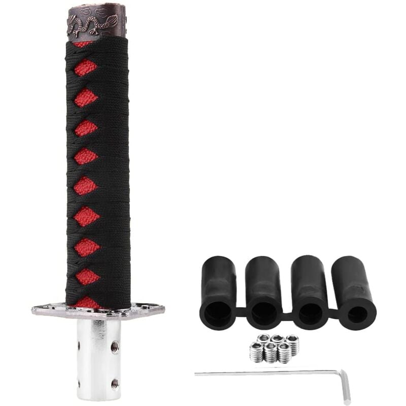 Ej.life - Universal Japanisches Schwert Auto Schaltknauf Schalthebel mit 4 Adaptern für Manuelles und Automatisches Getriebe Schwarz und Rot
