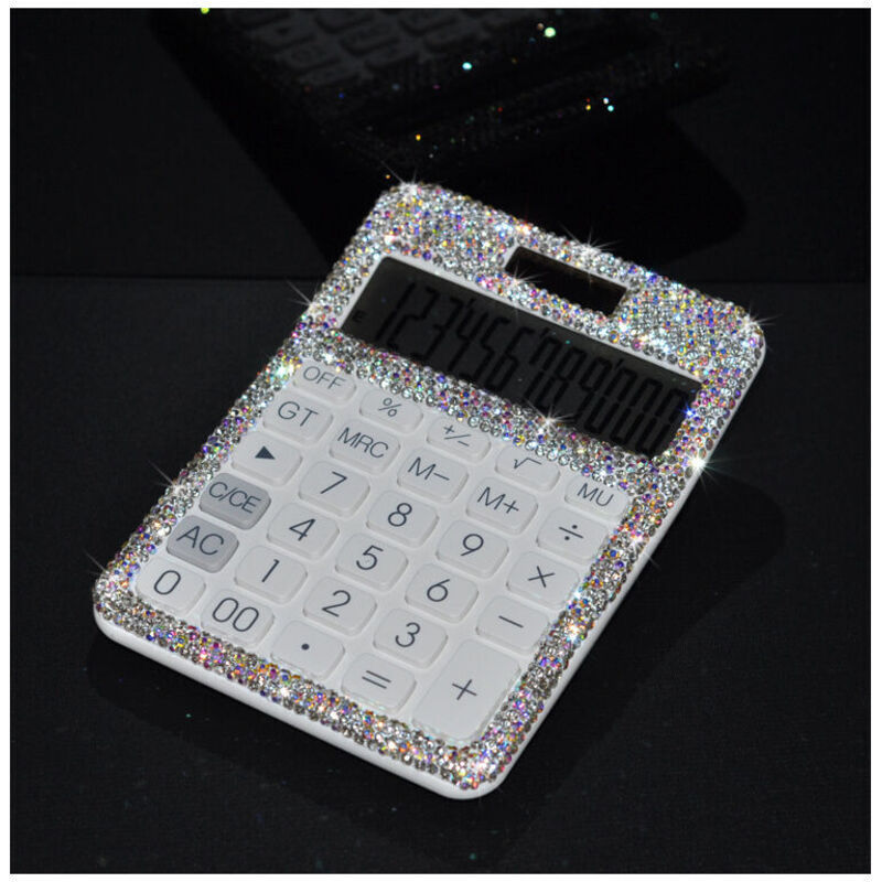 Jalleria - Eleganter glitzernder Strass-Kristall, schillernder 12-stelliger Solar- und Batterie-Dual-Power-Groß-LCD-Display, Standard-Desktop-Rechner