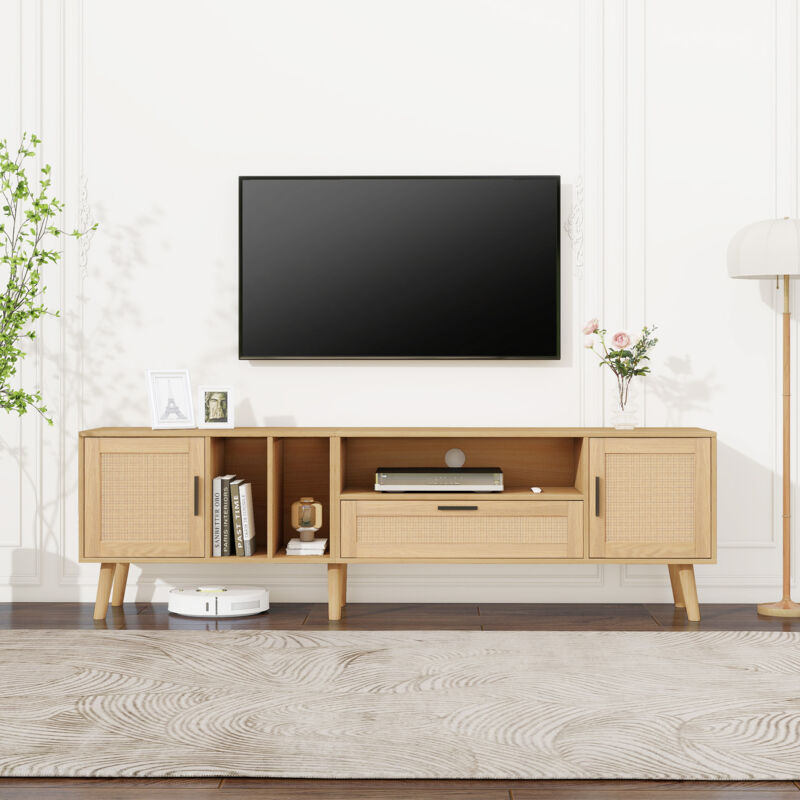Okwish - 180 cm großer, geräumiger TV-Ständer mit Rattan-Dekoration, 2 Türen und einer Schublade, Massivholzbeinen, bietet Platz für