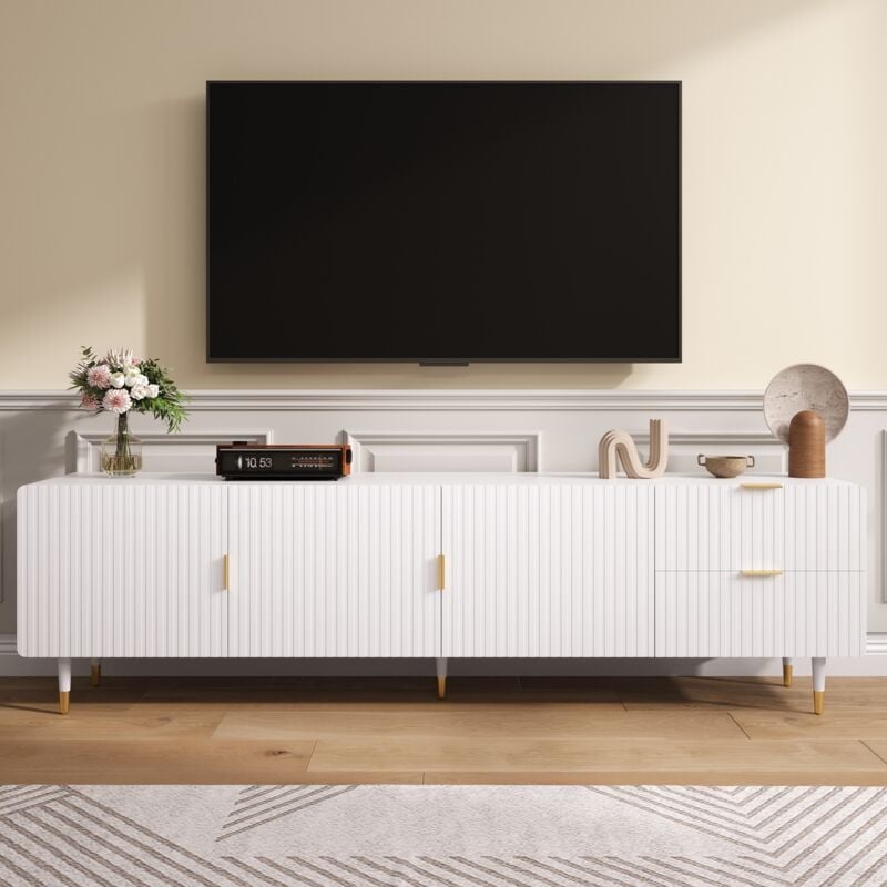 Eleganter weißer TV-Schrank mit 2 Schubladen + 3 Türen, goldenen Griffen und Beinen, verstellbaren Füßen, 170 x 35,5 x 55 cm