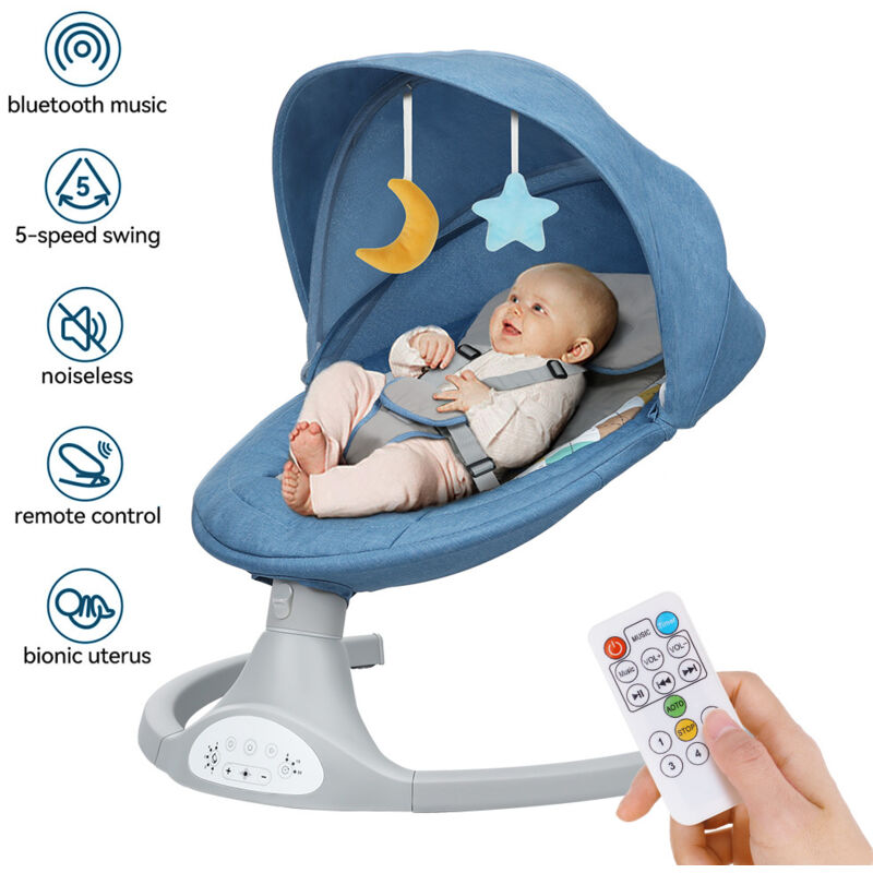 elektrisch Babywippe,5 Gang Babyschaukel bluetooth Musik mit Moskitonetz 0-12 Monat max. 9kg blau