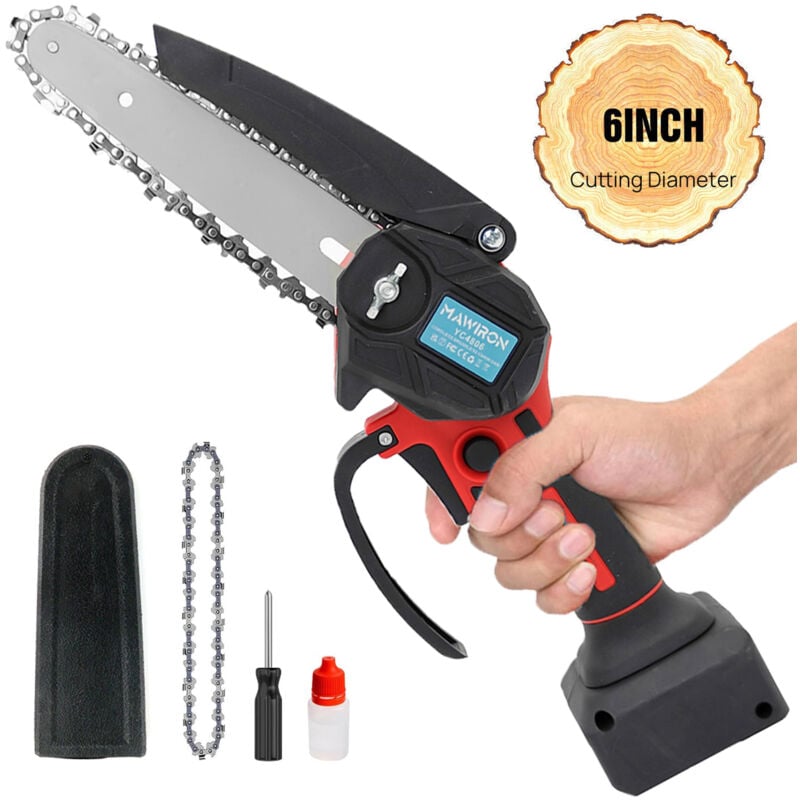 Elektrische Kettensägen, 6 Zoll kabellose Kettensäge kleine Mini-Kettensäge Holzschneider mit 2 Ketten Sicherheitsverriegelung (ohne Akku),