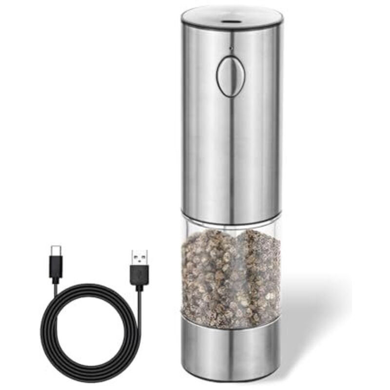 Elektrische Salz- und Pfeffermühle, Edelstahl-Keramik-Mahlwerk, stufenlos einstellbar, per USB wiederaufladbar, mit Sichtfenster
