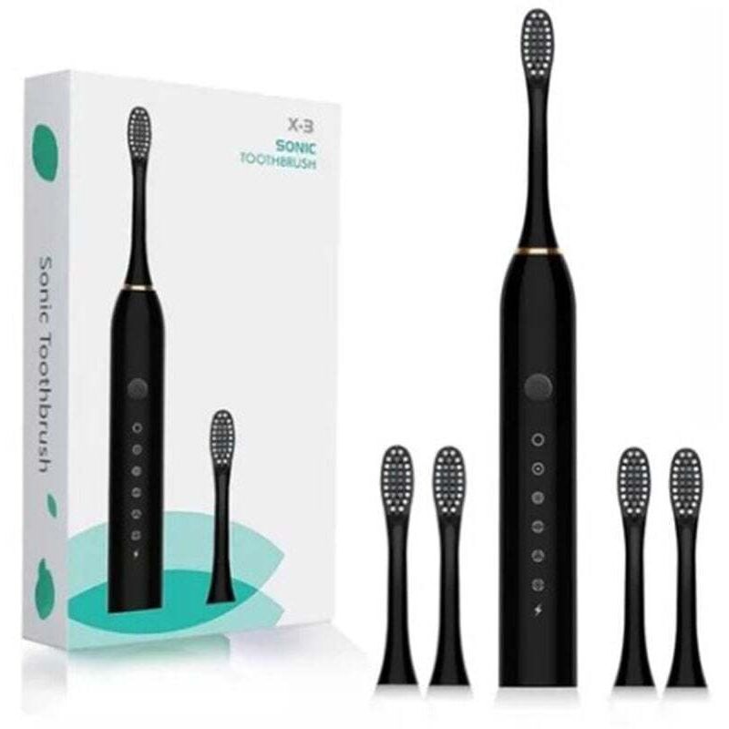 Elektrische Zahnbürste mit 6 Geschwindigkeitsstufen – USB-aufladbar – wasserdicht – 4 Bürstenköpfe für Erwachsene/Kinder – Schwarz