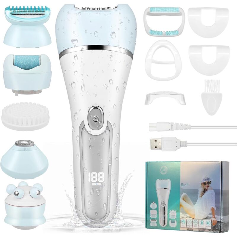 Elektrischer Epilierer für Frauen, 6 in 1, Gesichtsepilierer, kabellos, wiederaufladbar, LED-Bildschirm, für Nass- und Trockenanwendung mit