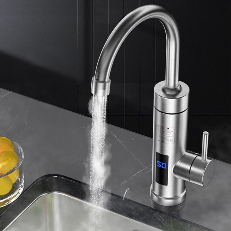 Elektrischer Heizhahn, 3000 W Durchlauferhitzer 220 V, Edelstahl, elektrischer Wasserhahn mit LED-Temperaturanzeige für Küchenspüle, Badezimmer