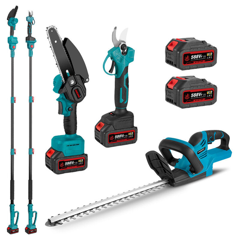 Elektrischer Hochentaster Gartenscheren Akku-Kettensäge Gartengerät + 51cm Akku-Heckenschere mit 2 Batterie