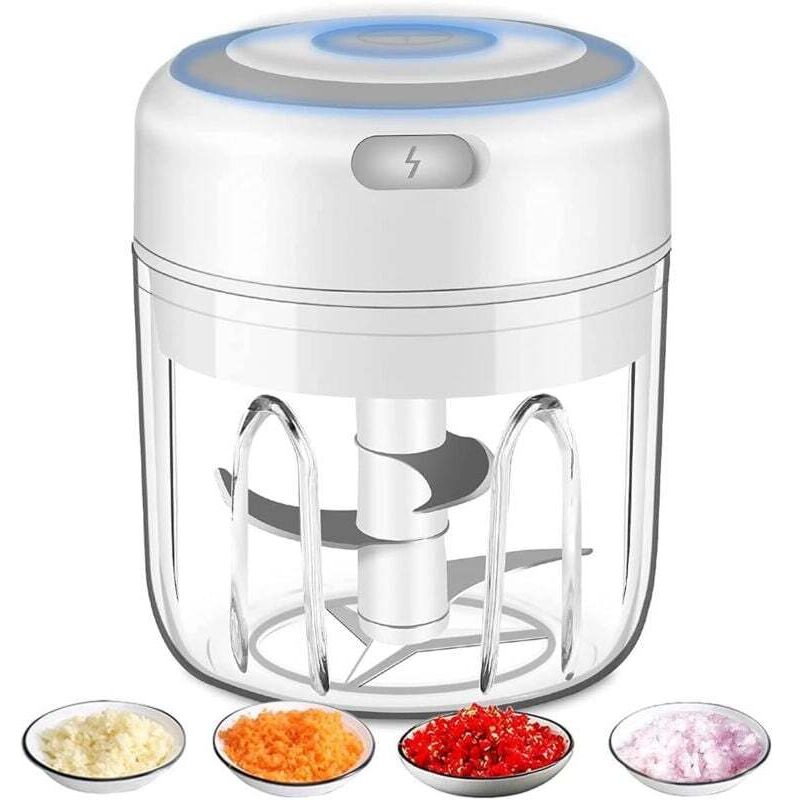 Elektrischer Zerkleinerer, Knoblauch, Zwiebelschneider, Obst, Fleisch, Multizerkleinerer mit USB-Aufladung, 250 ml, Weiß