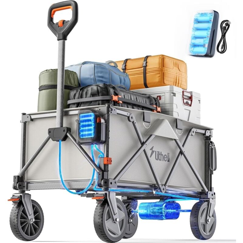 Elektrokarre Bollerwagen,Bollerwagen Faltbar, mit 20cm Geländereifen, 200L Fassungsvermögen, 60kg Traglast, 2 Bremsen, geeignet für Camping, Garten,