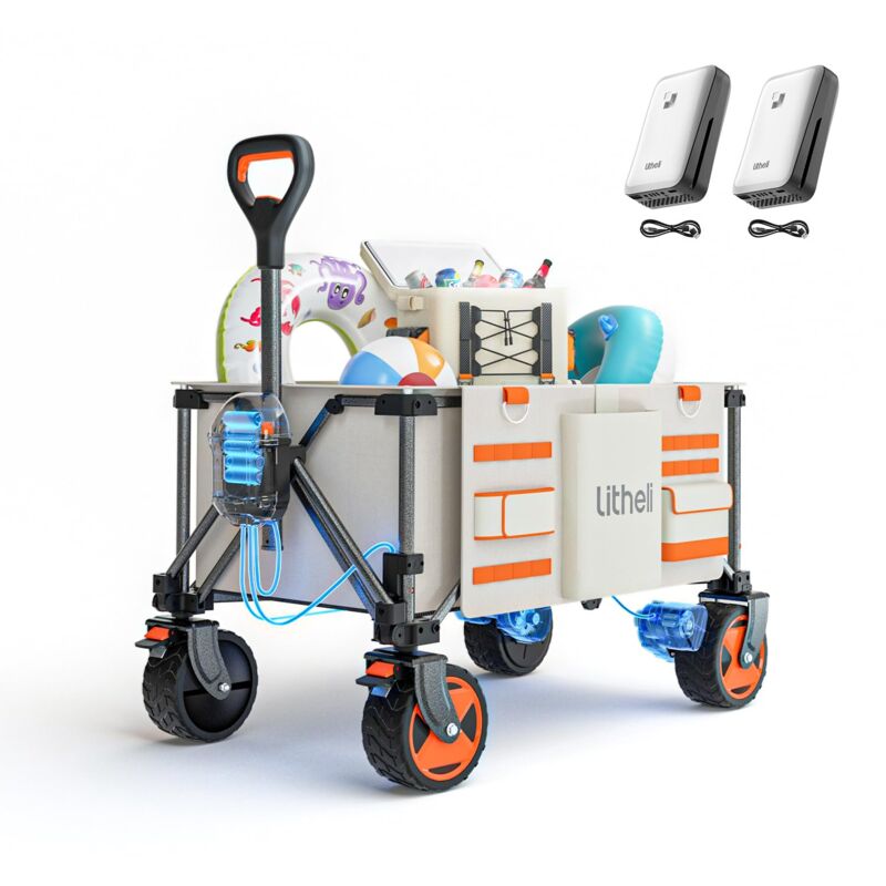 Outdoor-Wagen Elektrokarre Bollerwagen Faltbar, Handwagen Klappbar Doppelmotor mit Bremsen 150L 60KG Belastbar, Faltbollerwagen geeignet für Camping,