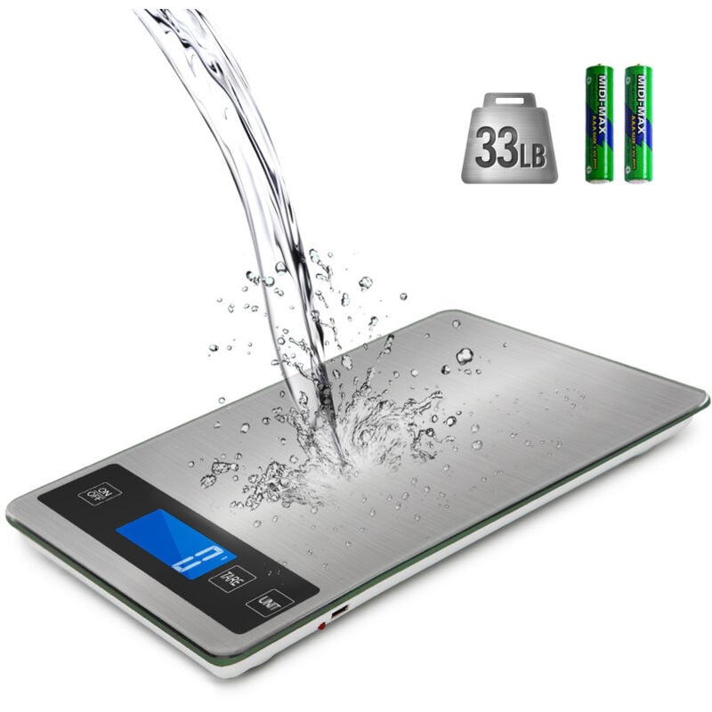 Elektronische Küchenwaage, 1 g Präzisions-Digitalwaage für Lebensmittel aus Edelstahl, 15 kg/33 lb Kapazität, große 23 x 16 cm Plattform, LCD-Display