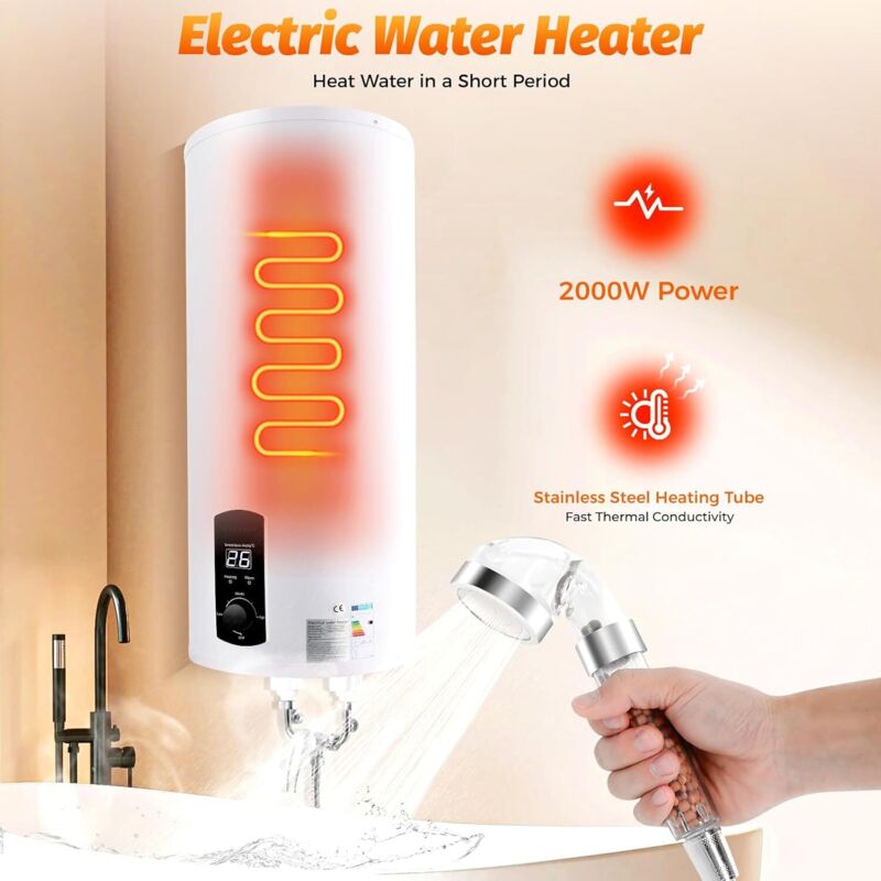 Elektrospeicher Warmwasserspeicher 220V Durchlauferhitzer Boiler Warmwasserbereiter mit Duscheinheit und Schlauch (Weiß, 60L)