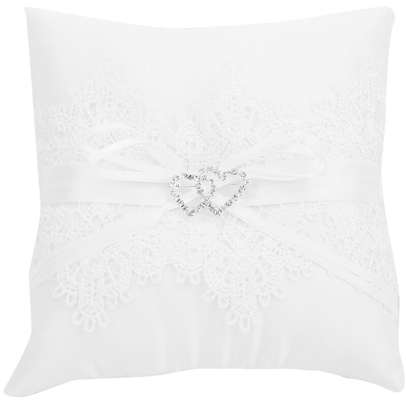 Elfenbeinfarbener Satin-Blumenmädchenkorb, Eheringkissen, Kissen mit floraler Spitze