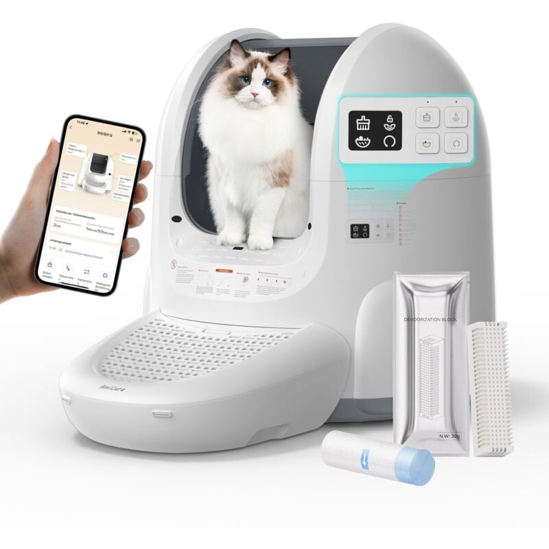 Selbstreinigende Katzentoilette AmiCura cura 2 , 65L Katzenklo Selbstreinigend,Geruchsbeseitigung,App-Steuerung,Große Fassungsvermögen,für Mehrere