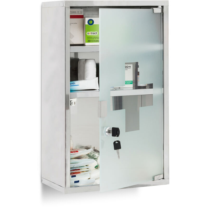 Relaxdays - Medizinschrank XL,mEdelstahl, HBT:50,5x30x18cm, 3 Fächer, Glas-Tür abschließbar, kindersicher, silber