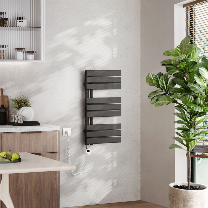EMKE Badheizkörper Elektrisch mit Thermostat, Handtuchheizkörper Elektrisch Panel Handtuchhalter Handtuchtrokner inkl Heizstab mit timer, Anthrazit,