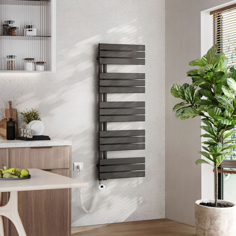 Badheizkörper Elektrisch mit Thermostat, Handtuchheizkörper Elektrisch Panel Handtuchhalter Handtuchtrokner inkl Heizstab mit timer, Anthrazit,