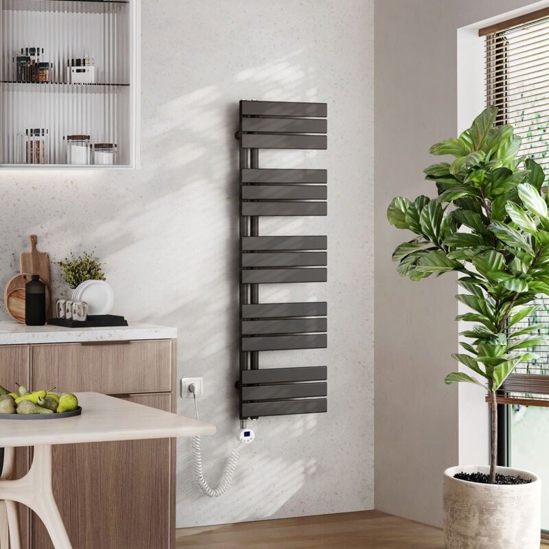 Badheizkörper Elektrisch mit Thermostat, Handtuchheizkörper Elektrisch Panel Handtuchhalter Handtuchtrokner inkl Heizstab mit timer, Anthrazit,