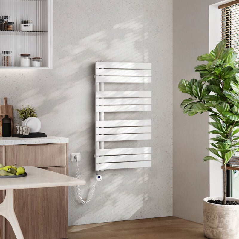Badheizkörper Elektrisch mit Thermostat, Handtuchheizkörper Elektrisch Panel Handtuchhalter Handtuchtrokner inkl Heizstab mit timer, Weiß, 1041x600mm