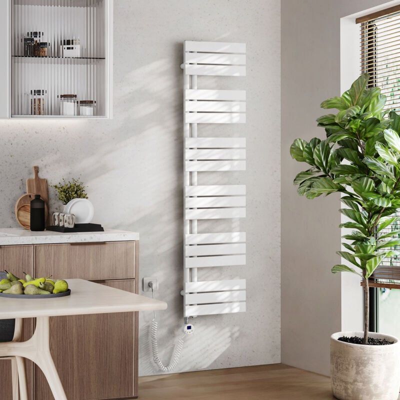 Badheizkörper Elektrisch mit Thermostat, Handtuchheizkörper Elektrisch Panel Handtuchhalter Handtuchtrokner inkl Heizstab mit timer, Weiß, 1599x400mm