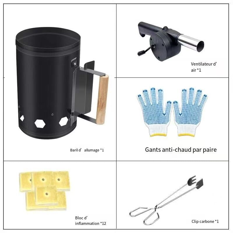 Encendedor de carbón, barril de fuego negro y herramientas variadas