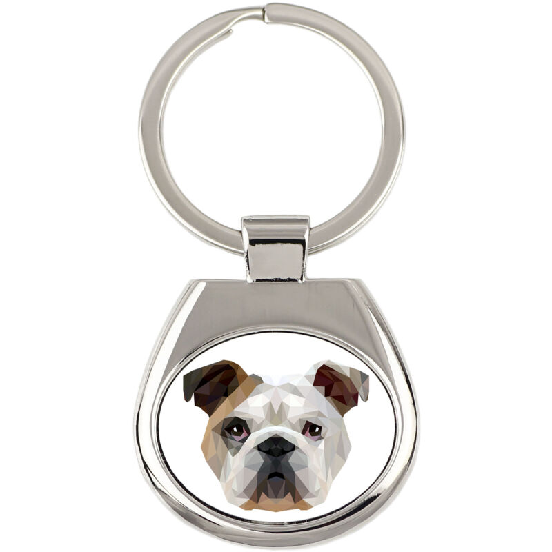 Englische Bulldogge, Bulldog - geometrischer Schlüsselanhänger mit Foto und Aufschrift Art-Dog