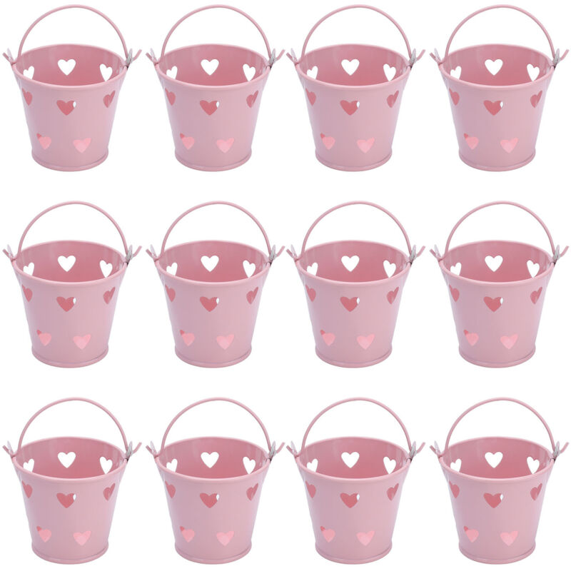 Eosnow 12 Stück Mini-Eimer aus Metall, hohl, herzförmig, mit Griff für Süßigkeiten, Blumen, Kosmetik im Freien