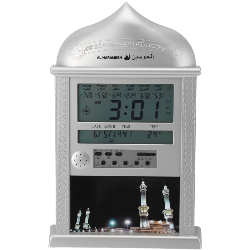 Eosnow Digitale Azan-Moschee-Gebetsuhr, Kalender, Alarm, multifunktional, muslimische Wand für Heimdekoration, Silber