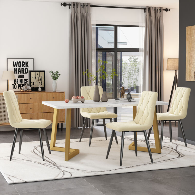 Okwish - Essgruppe (Set, Esstisch 117 x 68 cm mit 4 Stühlen), rechteckiger Esstisch, modernes Küchentischset, Esszimmerstuhl, beige