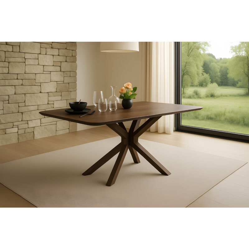 Esstisch 140 x 80 cm Akazie massiv kastanienfarben Schweizer Kante Spider-Gestell Holz kastanie roberto