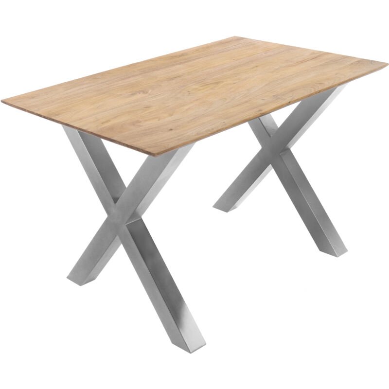 Esstisch 140x80cm Akazie massiv eichenfarben schweizer Kante X-Gestell silber dean