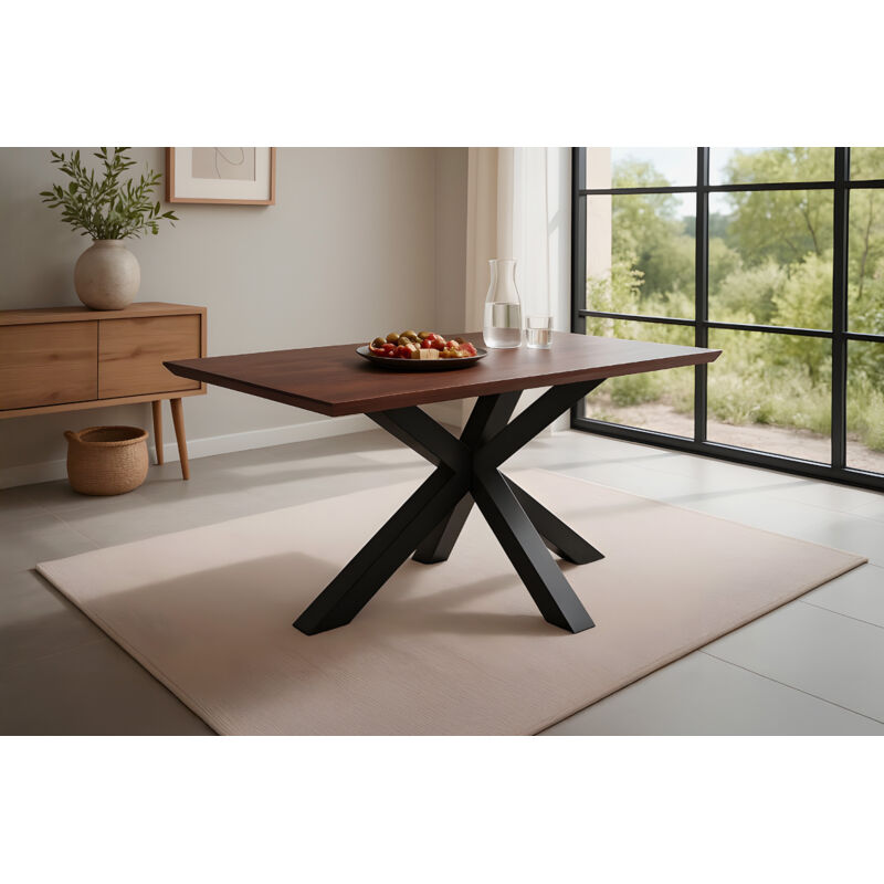 Esstisch 140x80cm Akazie massiv kastanienfarben schweizer Kante Spider-Gestell schwarz RITA