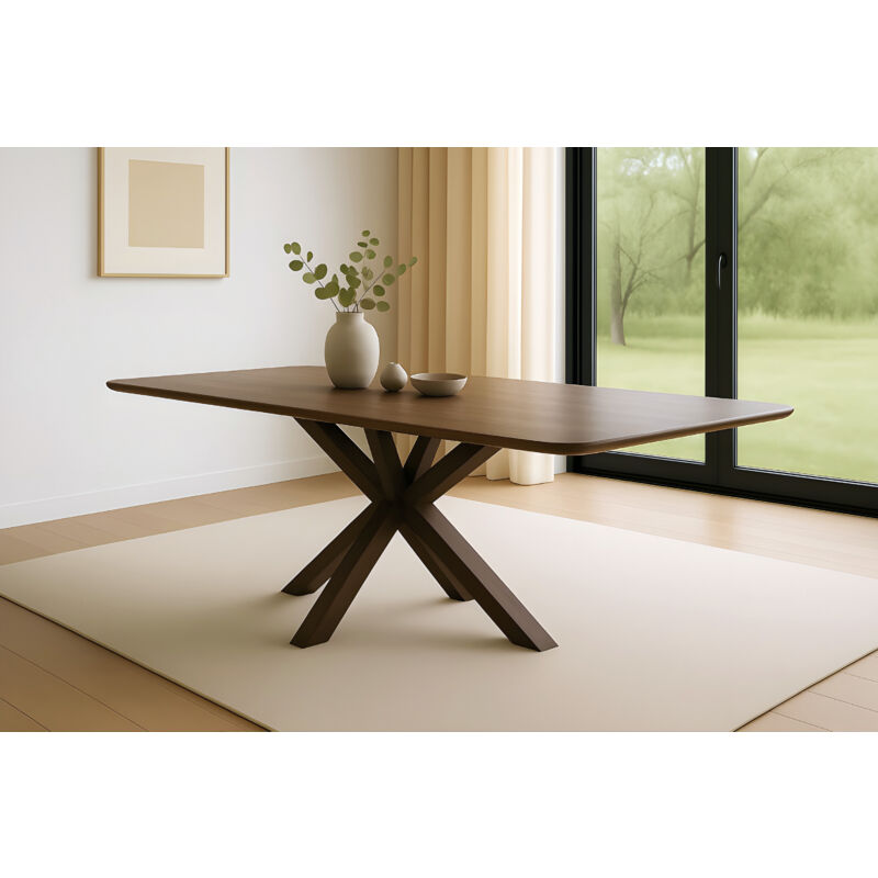 Esstisch 200 x 100 cm Akazie massiv kastanienfarben Schweizer Kante Spider-Gestell Holz kastanie roberto