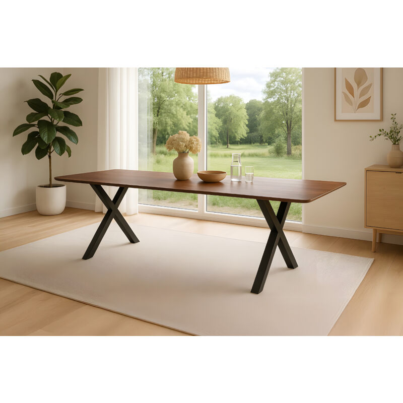 Esstisch 200 x 100 cm Akazie massiv kastanienfarben Schweizer Kante X-Gestell schwarz roberto
