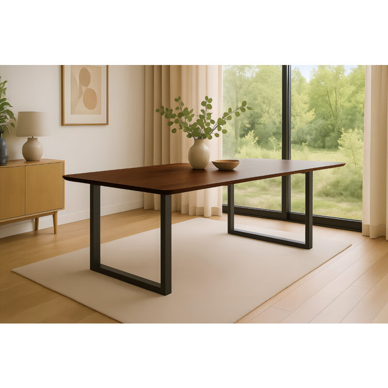 Esstisch 240 x 100 cm Akazie massiv kastanienfarben Schweizer Kante U-Gestell schwarz ROBERTO