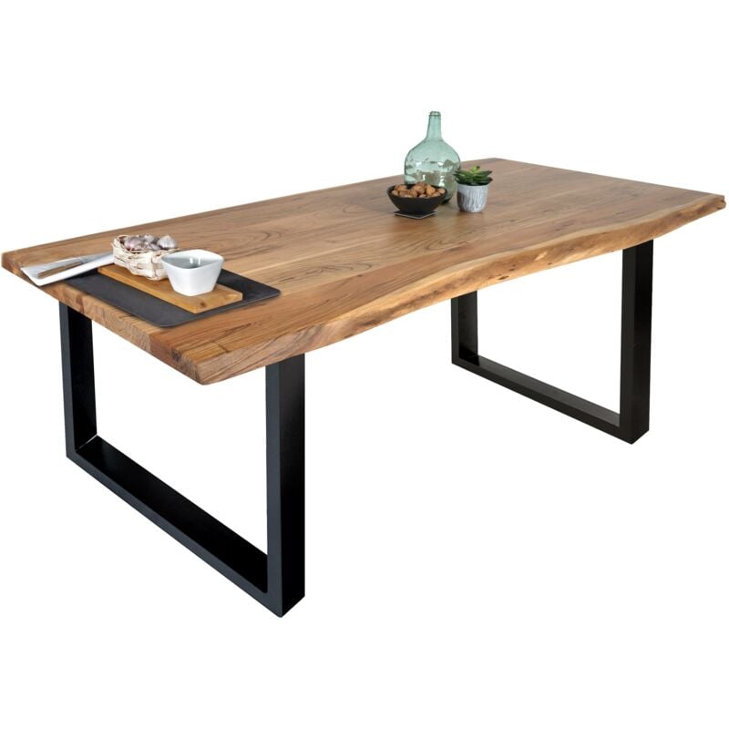 Esstisch Baumkante massiv Akazie Natur 140 x 80 U-Gestell schwarz thea