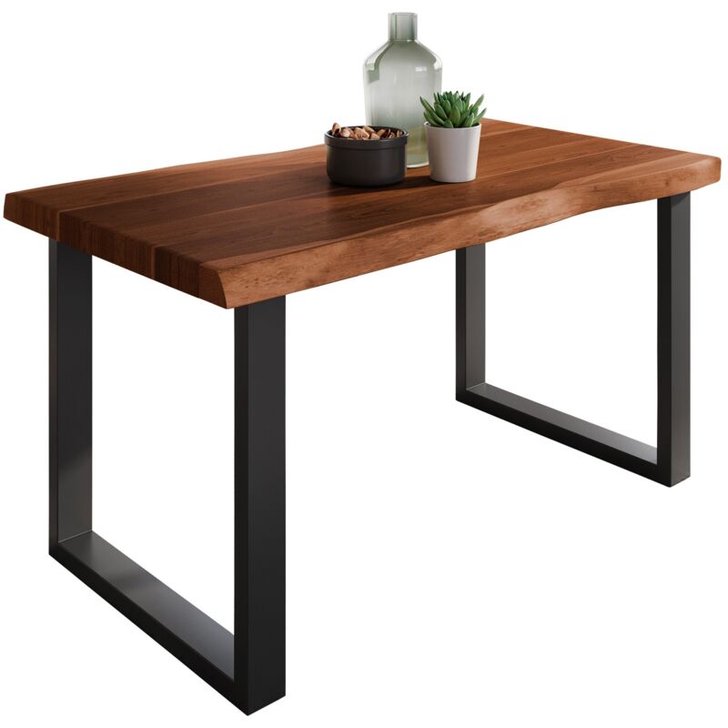 Esstisch Baumkante massiv Akazie Nuss 120 x 80 U-Gestell schwarz atlas