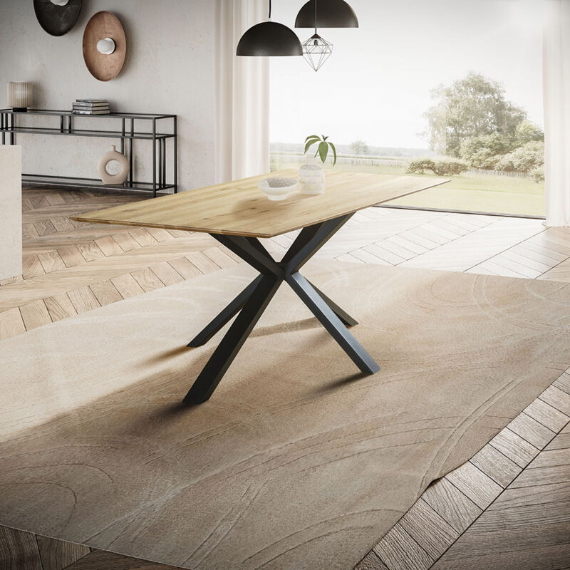 Esstisch 200x100cm mit Schweizer Kante, Wildeiche massiv geölt, Metallfußgestell, TISDALE-69