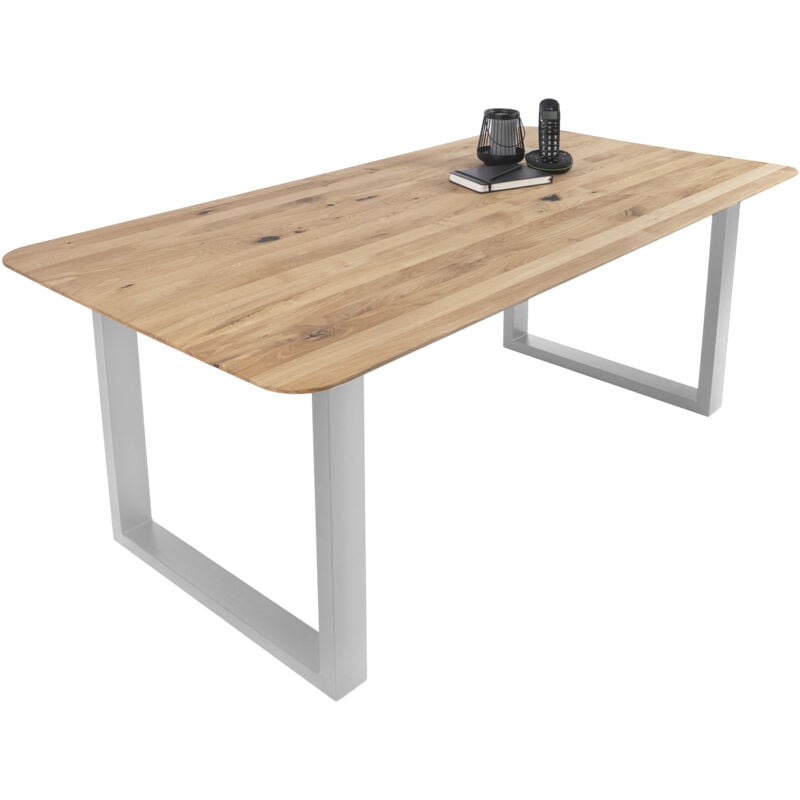 Esszimmertisch Schweizer Kante rund massiv & geölt Eiche 200x100 silber U-Gestell Lotte