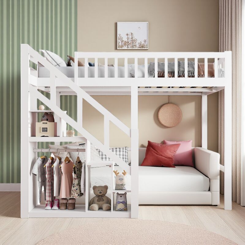 Etagenbett 90x200 cm, Kinderhochbett mit Treppe und Stauraumschrank, Einzelbett, Etagenbett, Massivholz, großer Platz unter dem Bett, weiß