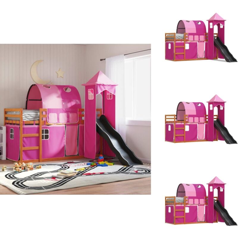Vidaxl - Etagenbett mit Rutsche und Gardinen Rosa 90x200 cm - Etagenbett - Hochbett - Kinderbett - Holzbett - Kiefernholzbett