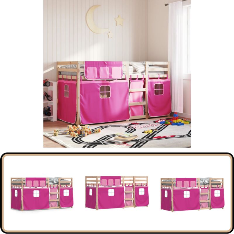 Etagenbett mit Vorhängen Rosa 80x200 cm Massivholz Kiefer - Kinderzimmermöbel - Hochbett - Etagenbett - Jugendbett - Holzbett