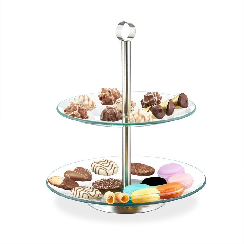 Etagere, 2-stöckig, rund, Cupcakes, Kekse, Snacks, Obst, Glas, Edelstahl, Servierständer, transparent/silber - Relaxdays