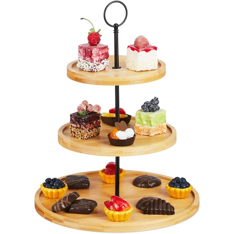 Relaxdays - Etagere, 3 Etagen, Bambus, Kuchen, Snacks, Obst, Metallgriff, Servierständer, HxD: 36 x 28 cm, natur/schwarz