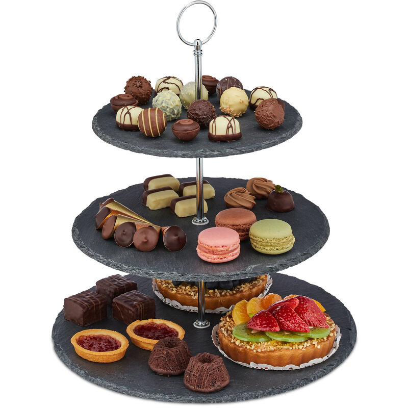 Etagere, 3 Etagen, Schiefer, Kuchen, Snacks, Obst, Metallgriff, Servierständer, HxD 34x30 cm, anthrazit/silber - Relaxdays