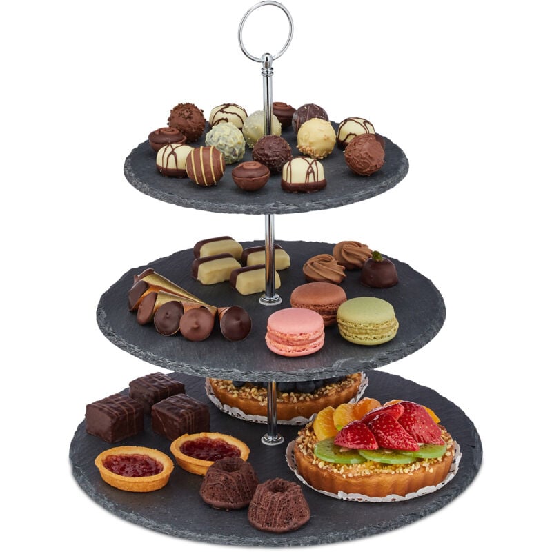 2 x Etagere mit 3 Etagen, Schiefer, Kuchen, Snacks, Obst, Metallgriff, Servierständer, HxD: 34x30 cm, anthrazit/silber